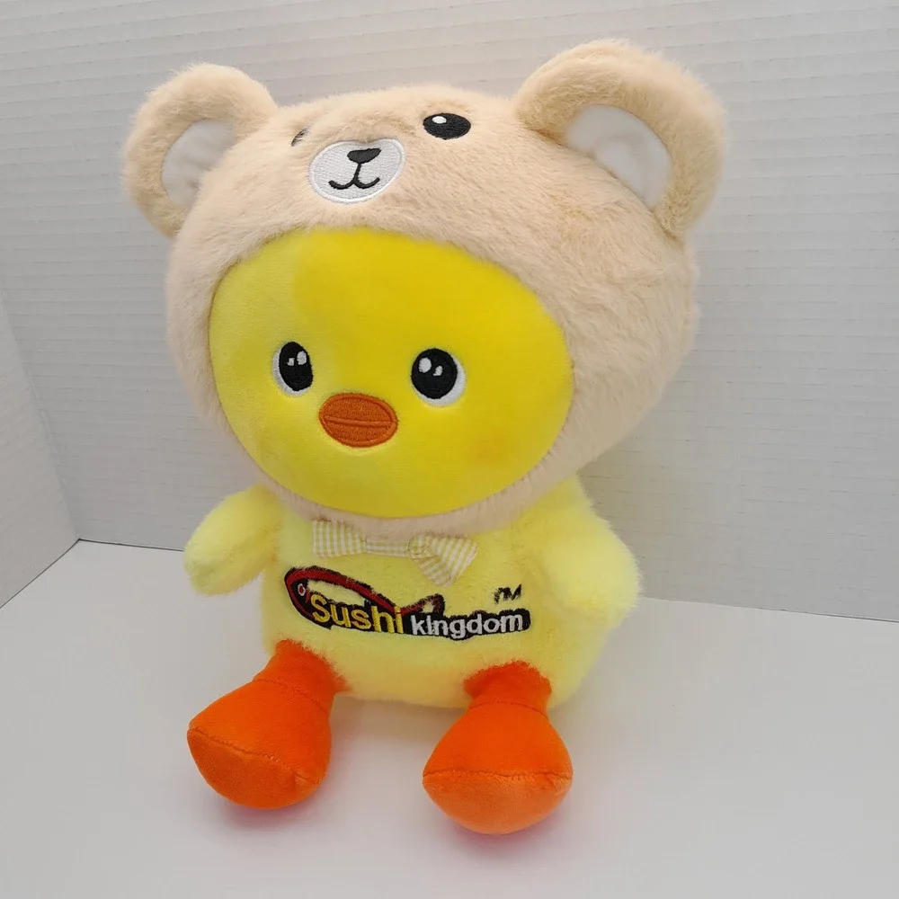 Sushi Kingdom Yellow Chick Plush in Bear Hood Costume Gingham Bow Tie 9 Inch